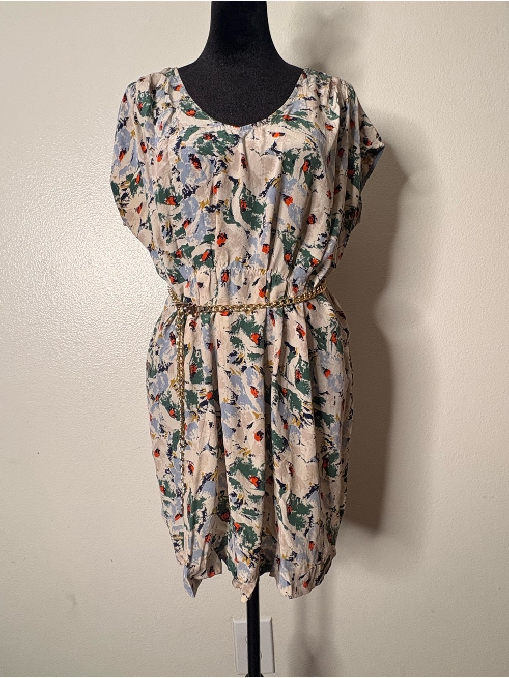 Anthropologie, Odille Short Floral Print Dress in Cream, Green and Blue